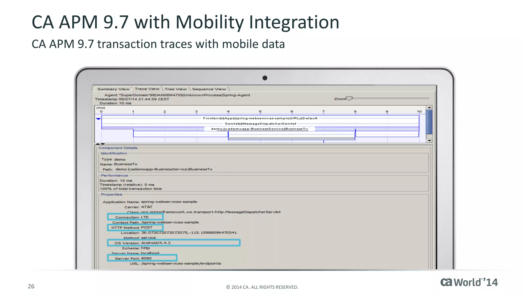 26 
© 2014 CA. ALL RIGHTS RESERVED. 
CA APM 9.7 with Mobility Integration 
CA APM 9.7 transaction traces with mobile data  
