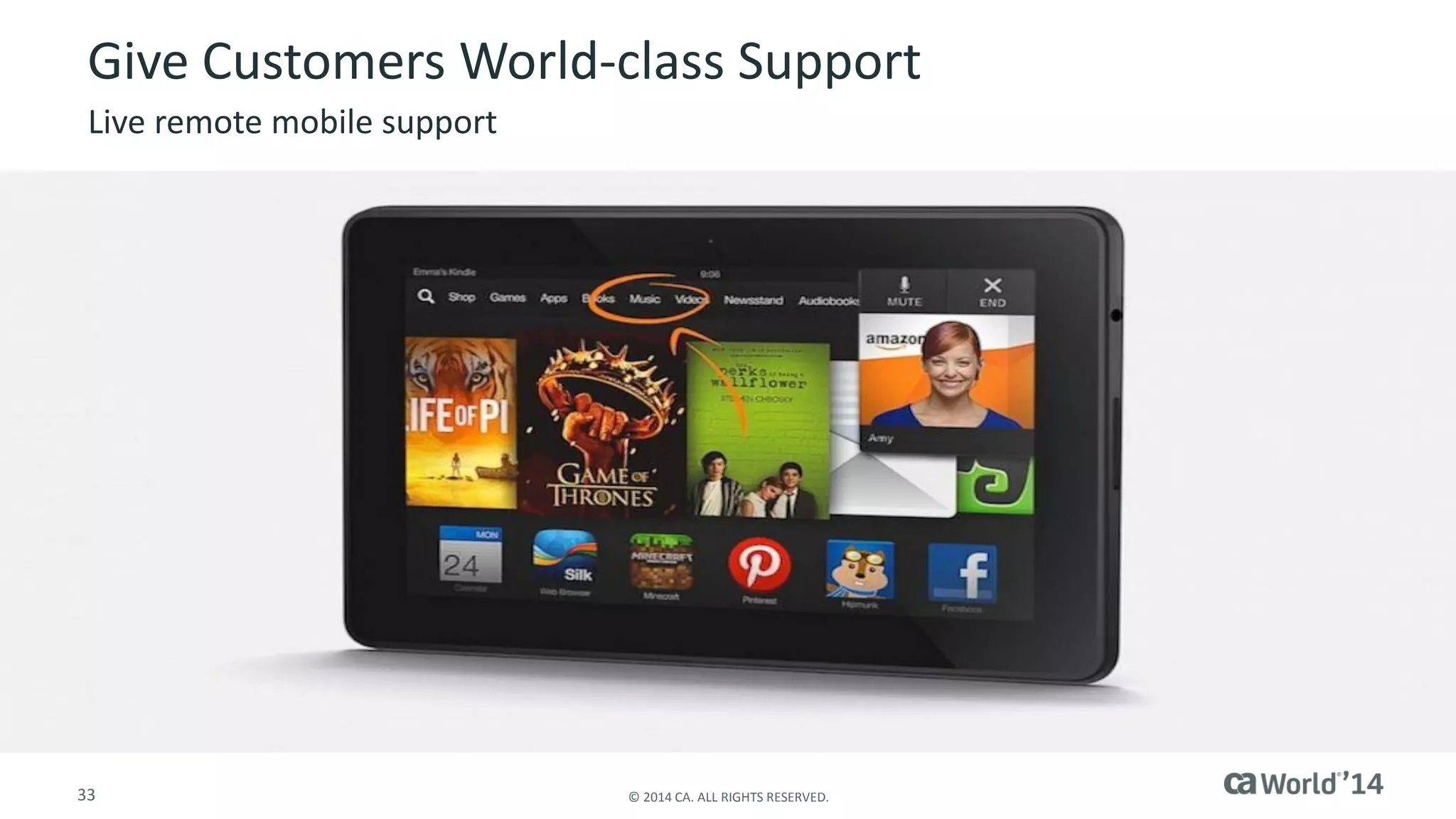 33 
© 2014 CA. ALL RIGHTS RESERVED. 
Give Customers World-class Support 
Live remote mobile support  