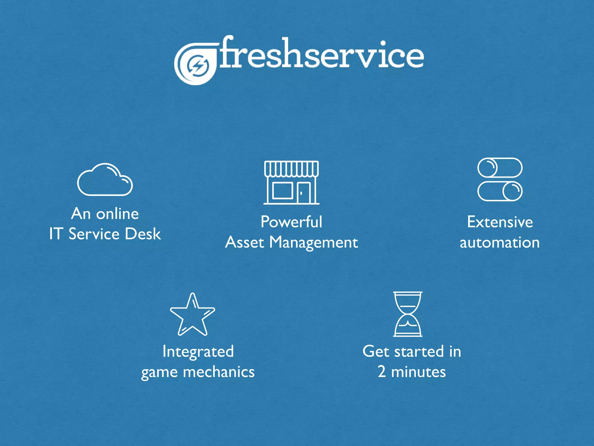 An online
IT Service Desk
Powerful
Asset Management
Extensive
automation
Integrated
game mechanics
Get started in
2 minutes