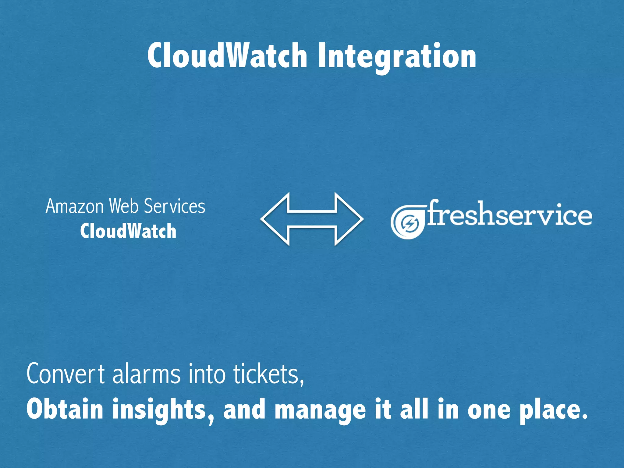 CloudWatch Integration
Convert alarms into tickets,
Obtain insights, and manage it all in one place.
Amazon Web Services
CloudWatch