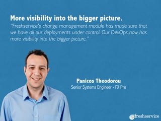 More visibility into the bigger picture.
Panicos Theodorou
Senior Systems Engineer - FX Pro
“Freshservice's change management module has made sure that
we have all our deployments under control. Our DevOps now has
more visibility into the bigger picture.”
 