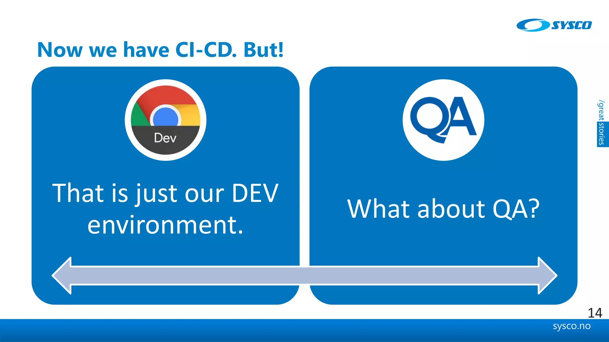 sysco.no
Now we have CI-CD. But!
That is just our DEV
environment.
What about QA?
14
 