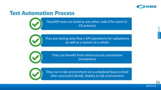 sysco.no
Test Automation Process
Flow/API tests are build as any other code (The same CI-
CD process)
They are testing data flow / API operations for subsystems
as well as a system as a whole
They can benefit from infrastructure automation
(containers)
They run in QA environment on a scheduled basis or/and
after successful (Build), Deploy to QA environment
15
 