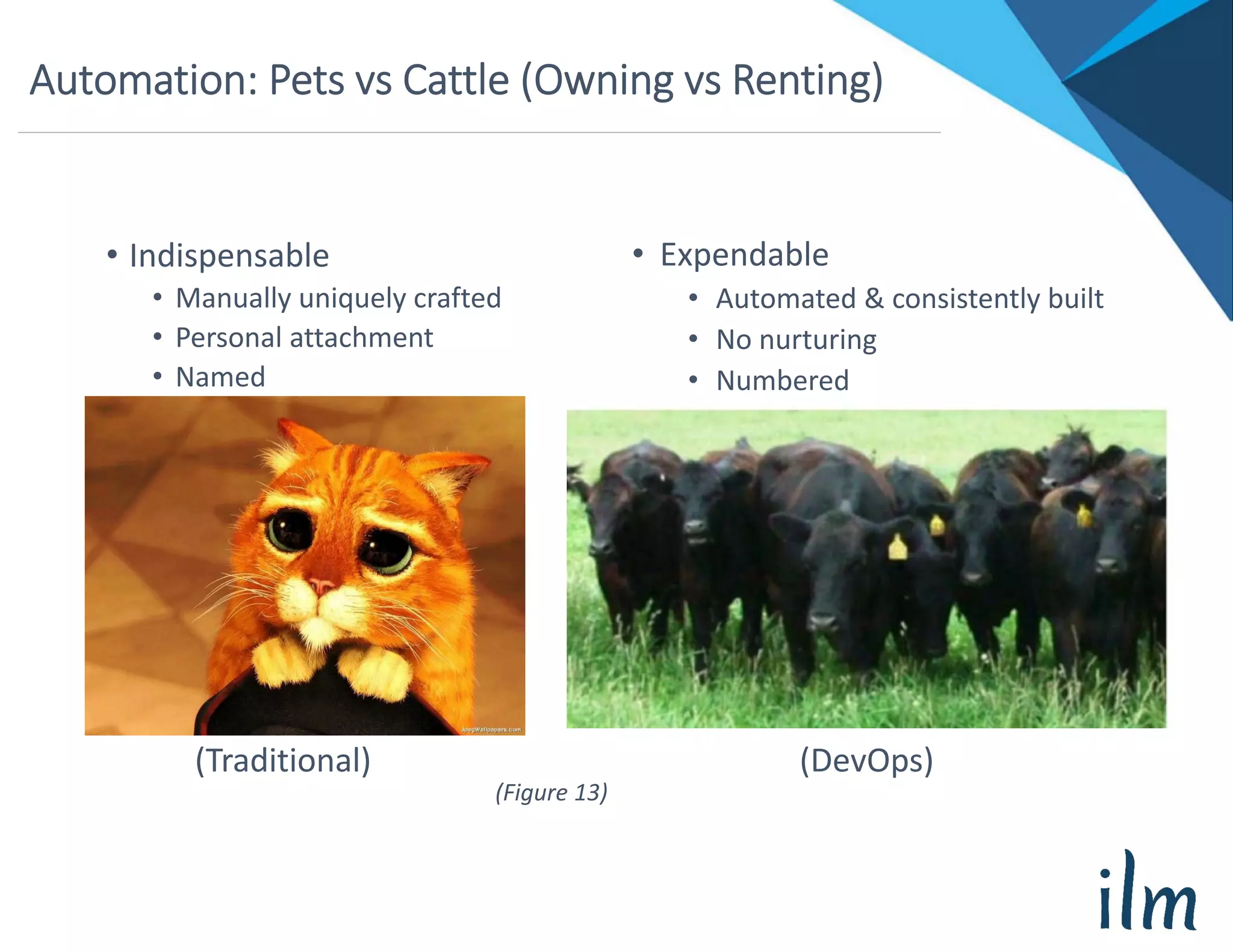 Automation: Pets vs Cattle (Owning vs Renting)
• Indispensable
• Manually uniquely crafted
• Personal attachment
• Named
(Traditional) (DevOps)
• Expendable
• Automated & consistently built
• No nurturing
• Numbered
(Figure 13)
 