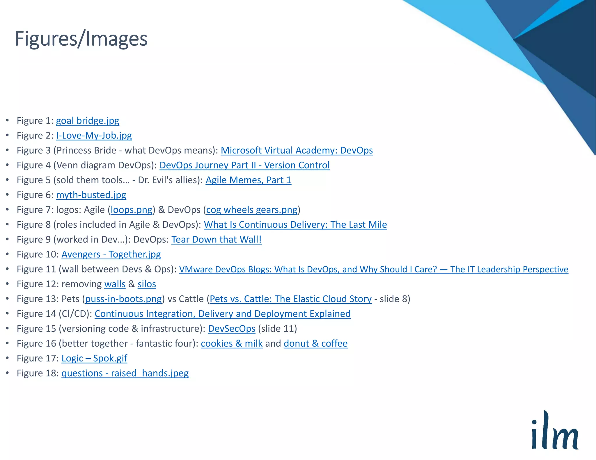 Figures/Images
• Figure 1: goal bridge.jpg
• Figure 2: I‐Love‐My‐Job.jpg
• Figure 3 (Princess Bride ‐ what DevOps means): Microsoft Virtual Academy: DevOps
• Figure 4 (Venn diagram DevOps): DevOps Journey Part II ‐ Version Control
• Figure 5 (sold them tools… ‐ Dr. Evil's allies): Agile Memes, Part 1
• Figure 6: myth‐busted.jpg
• Figure 7: logos: Agile (loops.png) & DevOps (cog wheels gears.png)
• Figure 8 (roles included in Agile & DevOps): What Is Continuous Delivery: The Last Mile
• Figure 9 (worked in Dev…): DevOps: Tear Down that Wall!
• Figure 10: Avengers ‐ Together.jpg
• Figure 11 (wall between Devs & Ops): VMware DevOps Blogs: What Is DevOps, and Why Should I Care? — The IT Leadership Perspective
• Figure 12: removing walls & silos
• Figure 13: Pets (puss‐in‐boots.png) vs Cattle (Pets vs. Cattle: The Elastic Cloud Story ‐ slide 8)
• Figure 14 (CI/CD): Continuous Integration, Delivery and Deployment Explained
• Figure 15 (versioning code & infrastructure): DevSecOps (slide 11)
• Figure 16 (better together ‐ fantastic four): cookies & milk and donut & coffee
• Figure 17: Logic – Spok.gif
• Figure 18: questions ‐ raised_hands.jpeg
 