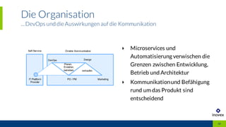 Die Organisation
...DevOps und die Auswirkungen auf die Kommunikation
10
‣ Microservices und
Automatisierung verwischen die
Grenzen zwischen Entwicklung,
Betrieb und Architektur
‣ Kommunikationund Befähigung
rund um das Produkt sind
entscheidend
PO  /  PMIT  Plattform
Provider
DevOps Design
Marketing
Planen,  
Erstellen,
betreiben verkaufen
Direkte  KommunikationSelf-­Service
 
