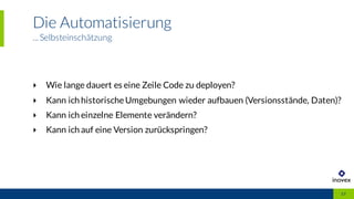 Die Automatisierung
...Selbsteinschätzung
17
‣ Wie lange dauert es eine Zeile Code zu deployen?
‣ Kann ich historischeUmgebungen wieder aufbauen (Versionsstände, Daten)?
‣ Kann ich einzelne Elemente verändern?
‣ Kann ich auf eine Version zurückspringen?
 