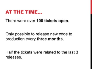 AT THE TIME…
There were over 100 tickets open.
Only possible to release new code to
production every three months.
Half the tickets were related to the last 3
releases.
 