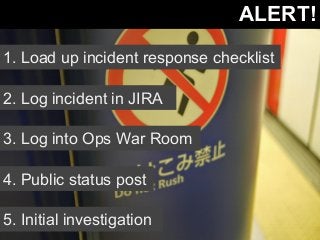 ALERT! 
1. Load up incident response checklist 
2. Log incident in JIRA 
3. Log into Ops War Room 
4. Public status post 
5. Initial investigation 
 