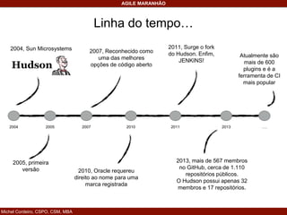 Michel Cordeiro, CSPO, CSM, MBA
AGILE MARANHÃO
2004, Sun Microsystems
Linha do tempo…
2005, primeira
versão
2007, Reconhecido como
uma das melhores
opções de código aberto
2010, Oracle requereu
direito ao nome para uma
marca registrada
2004 2005 2007 2010 2011
2011, Surge o fork
do Hudson. Enfim,
JENKINS!
2013
2013, mais de 567 membros
no GitHub, cerca de 1.110
repositórios públicos.
O Hudson possui apenas 32
membros e 17 repositórios.
….
Atualmente são
mais de 600
plugins e é a
ferramenta de CI
mais popular
 