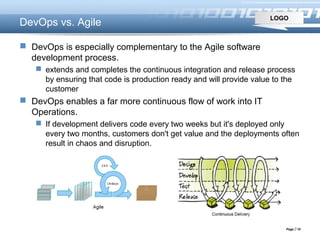 LOGO
Page  10
DevOps vs. Agile
 DevOps is especially complementary to the Agile software
development process.
 extends and completes the continuous integration and release process
by ensuring that code is production ready and will provide value to the
customer
 DevOps enables a far more continuous flow of work into IT
Operations.
 If development delivers code every two weeks but it's deployed only
every two months, customers don't get value and the deployments often
result in chaos and disruption.
 