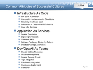 LOGO
Page  17
Common Attributes of Successful Cultures
 Infrastructure As Code
 Full Stack Automation
 Commodity Hardware and/or Cloud infra
 Reliability in software stack
 Datacenter or Cloud Infrastructure APIs
 Core Infra Services
 Application As Services
 Service Orientation
 Lightweight Protocols
 Versioned APIs
 Software Resiliency (Design for Failure)
 Database/Storage Abstraction
 Dev/Ops/All As Teams
 Shared Metrics/Monitoring
 Incident Management
 Service Owners On-call
 Tight integration
 Continuous Integration
 Continuous Deployment
 GameDay
 