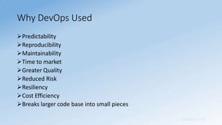 Why DevOps Used
Sridhara T V
Predictability
Reproducibility
Maintainability
Time to market
Greater Quality
Reduced Risk
Resiliency
Cost Efficiency
Breaks larger code base into small pieces
 