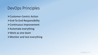 Sridhara T V
DevOps Principles
➢Customer-Centric Action
➢End-To-End Responsibility
➢Continuous Improvement
➢Automate everything
➢Work as one team
➢Monitor and test everything
 