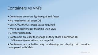 Sridhara T V
Containers Vs VM’s
➢Containers are more lightweight and faster
➢No need to install guest OS
➢Less CPU, RAM, storage space required
➢More containers per machine than VMs
➢Greater portability
➢Containers are easy to manage as they share a common OS
➢Share multiple workloads on a single OS
➢Containers are a better way to develop and deploy microservices
compared with VMs.
 