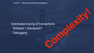 Microservices Introduce Complexity
* Distributed tracing of transactions
* Rollback / checkpoint?
* Debugging
Com
plexity!
 