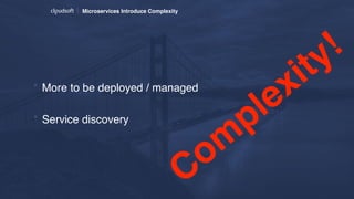 Microservices Introduce Complexity
* More to be deployed / managed
Com
plexity!
* Service discovery
 