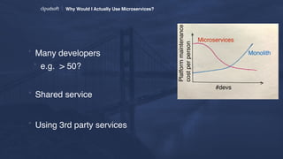 * Many developers
* e.g. > 50? 
Platformmaintenance 
costperperson
#devs
Microservices
Monolith
Why Would I Actually Use Microservices?
* Shared service
* Using 3rd party services
 