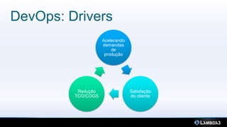 DevOps: Drivers
                    Acelerando
                    demandas
                        de
                     produção




          Redução                Satisfação
         TCO/COGS                do cliente
 