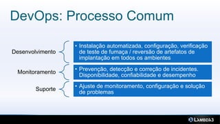 DevOps: Processo Comum

                  • Instalação automatizada, configuração, verificação
Desenvolvimento     de teste de fumaça / reversão de artefatos de
                    implantação em todos os ambientes
                  • Prevenção, detecção e correção de incidentes.
 Monitoramento
                    Disponibilidade, confiabilidade e desempenho
                  • Ajuste de monitoramento, configuração e solução
        Suporte
                    de problemas
 