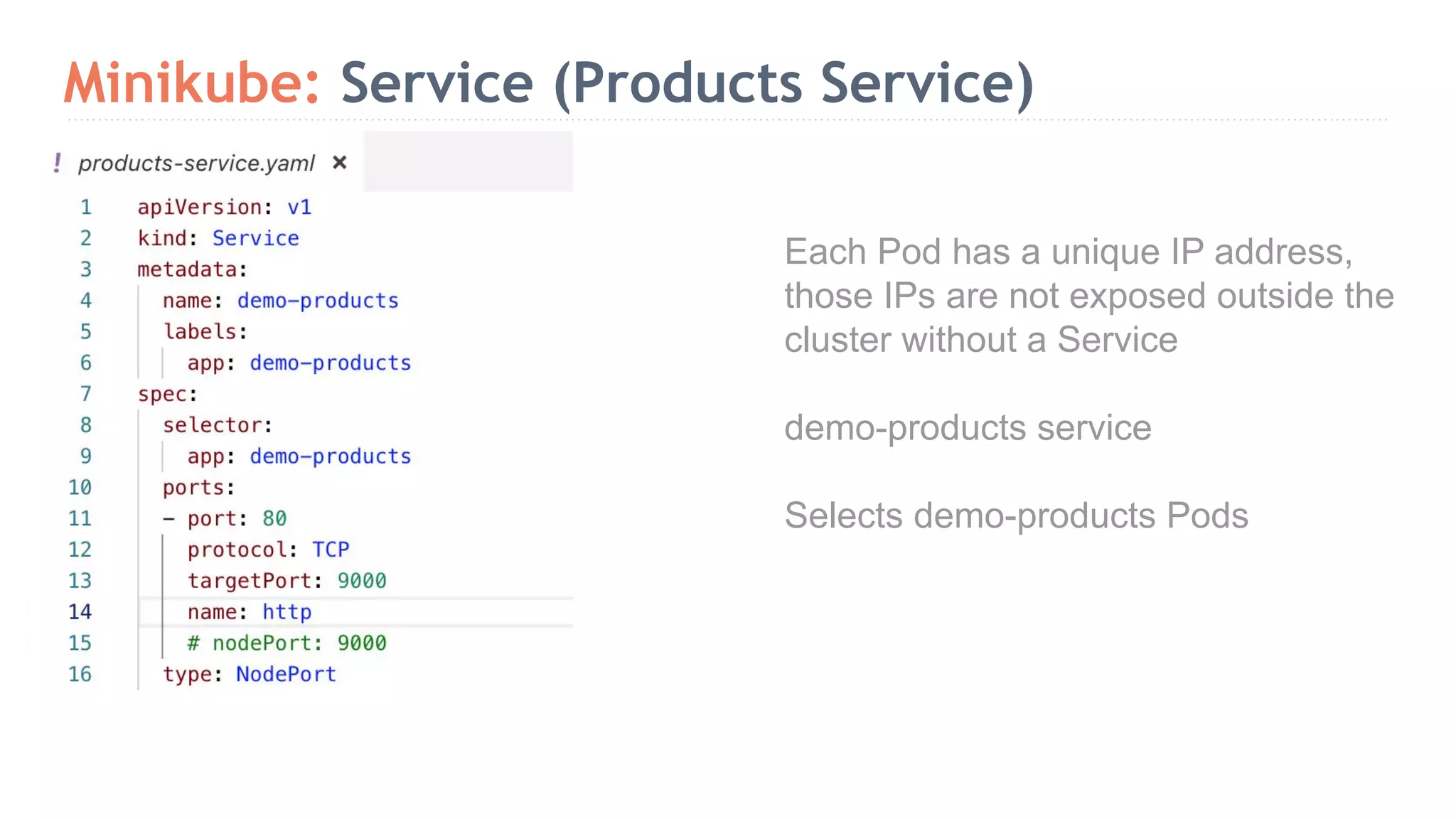 Minikube: Service (Products Service) Each Pod has a unique IP address, those IPs are not exposed outside the cluster without a Service demo-products service Selects demo-products Pods 