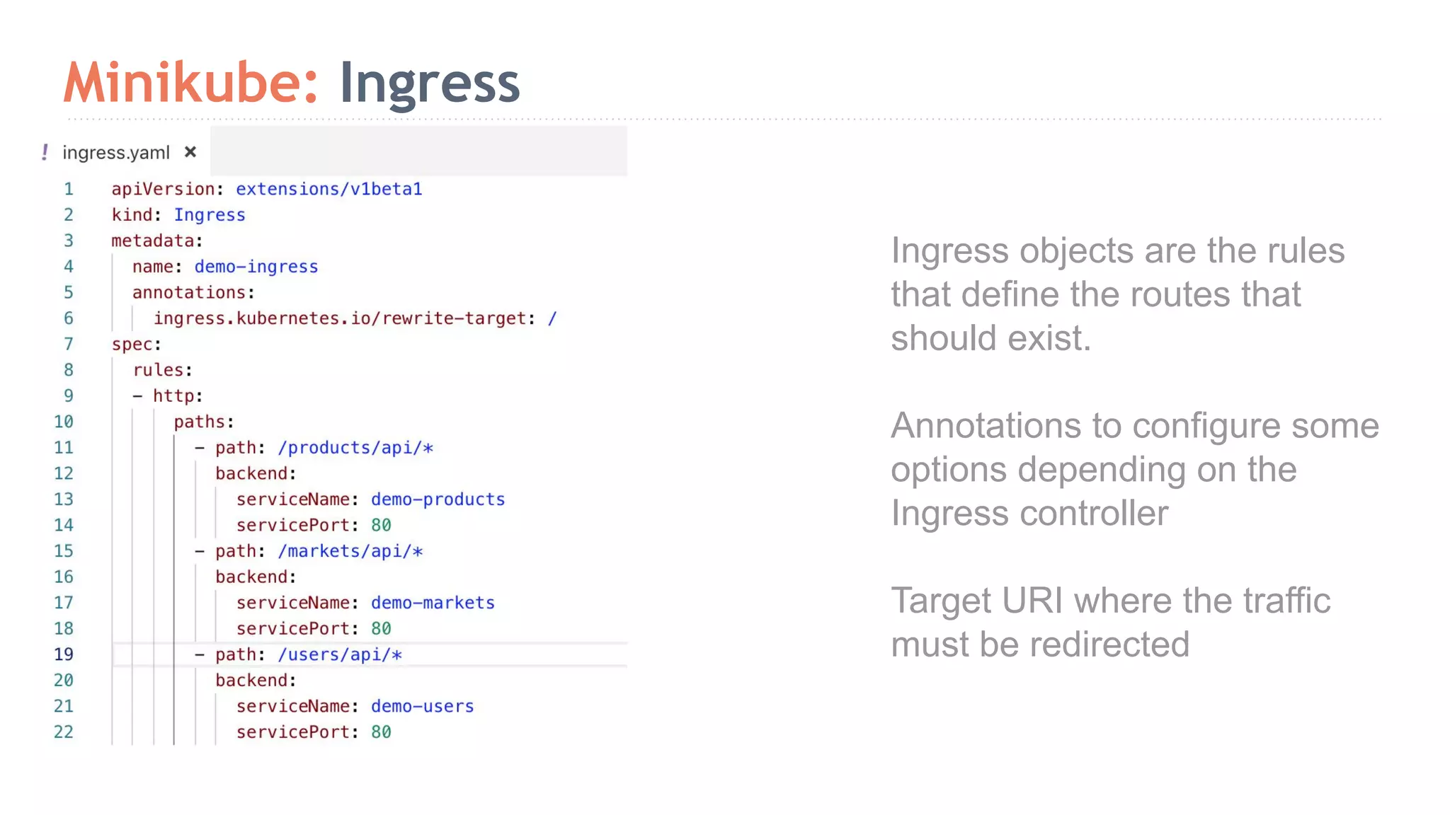 Minikube: Ingress Ingress objects are the rules that define the routes that should exist. Annotations to configure some options depending on the Ingress controller Target URI where the traffic must be redirected 