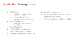 Minikube: Prerequisites
Few handy commands:
● minikube start (pass VM option),
default is VirtualBox
● minikube addons enable ingress
● VM Driver
○ macOS: VirtualBox, VMware
Fusion, HyperKit
○ Linux: VirtualBox, KVM
○ Windows: VirtualBox, Hyper-V
● Install Minikube
○ brew cask install minikube
(macOS)
● Install kubectl
● VT-x/AMD-v virtualization
must be enabled in BIOS
● Internet connection on first run
 