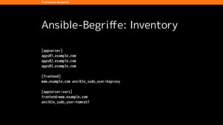 Ansible-Begriﬀe: Inventory
Dynamisches Inventory
./dyn-inv --list
!
1 {
2 "appserver" : [ "apps01.example.com" , "apps02.example.com" ],
3 "frontend" : [ "www.example.com" ]
4 }
Praktische Beispiele
 