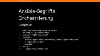 Ansible-Begriﬀe:
Orchestrierung
Abhängige Rollen
!
Praktische Beispiele
 