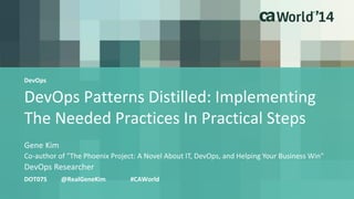 DevOps Patterns Distilled: Implementing 
The Needed Practices In Practical Steps 
Gene Kim 
DOT07S @RealGeneKim #CAWorld 
Co-author of "The Phoenix Project: A Novel About IT, DevOps, and Helping Your Business Win" 
DevOps Researcher 
DevOps 
 