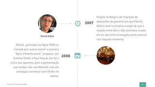 6
2007
Projeto na Bélgica de migração de
datacenter do governo em que Patrick
Debois teve o primeiro insight de que a
relação entre Dev e Ops precisava mudar,
ele só não tinha enxergado como resolver
isto naquele momento.
2008
Patrick participou da Agile 2008 no
Canadá pois queria assistir a palestra
“Agile Infraestructure” proposta por
Andrew Shafer e Paul Nasrat. Ele foi o
único que apareceu para a apresentação
que acabou não acontecendo, mas ele
conseguiu conversar com Shafer no
evento.
PatrickDebois
Instruct Infraestrutura Ágil
 