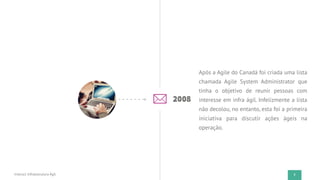 7
2008
Após a Agile do Canadá foi criada uma lista
chamada Agile System Administrator que
tinha o objetivo de reunir pessoas com
interesse em infra ágil. Infelizmente a lista
não decolou, no entanto, esta foi a primeira
iniciativa para discutir ações ágeis na
operação.
Instruct Infraestrutura Ágil
 