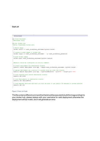 Start.sh
Figure 3 Start.sh Code
Thisfilecontainsdifferentcommandlinethatshouldbeexecutedtobuildtheimageandloginto
your docker hub, please replace with your username for valid deployment otherwise the
deployment will be invalid, and it will generate an error.
 