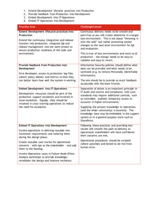1. Extend Development lifecycle practices into Production
2. Provide feedback from Production into Development
3. Embed Development into IT Operations
4. Embed IT Operations into Development
Practise Area Challenge/Lesson
Extend Development lifecycle practices into
Production
Extend the continuous integration and release
function into production, integrate QA and
release management into the work-stream to
ensure production readiness of the code and
environment.
Continuous delivery needs to be smooth and
pain-free or you will create downtime in a target
test environment. This is not about “throwing it
over the wall” but rather promoting tested
changes to the next level environment for QA
and evaluation.
This is true of test environments and more so of
production – the change needs to be easy to
validate and easy to revert.
Provide feedback from Production into
Development
Give developers access to production log-files
(where policy allows) and metrics so that they
can better learn how well the system is working.
Information Security policies should define what
data can be provided and what needs to be
sanitized (e.g. to remove Personally Identifiable
Information).
The aim should be to provide as much feedback
as possible with the least friction.
Embed Development into IT Operations
Development resources should be part of the
production support escalation and involved in
issue resolution. Equally, they should be
involved in cross-training operations to reduce
the need for escalation.
Separation of duties is an important principle in
IT Audit and control and compliance with such
standards may require additional controls, such
as controlled, audited, temporary access to
accounts in higher environments.
Supplying the project knowledge to operations
(and the wider community) is essential. The
knowledge base may be embedded in the support
system or in a general purpose store such as
SharePoint.
Embed IT Operations into Development
Involve operations in defining reusable non-
functional requirements and tailoring them
during the design phase.
Create reusable user stories for operational
concerns – with ops as the stakeholder - and add
them to the backlog.
Involve Operations users in Failure Mode Effect
Analysis workshops to provide knowledge,
revalidate the design and improve resilience.
Following these practices and providing test
results will smooth the path to delivery as
operational stakeholders will have confidence
their concerns are met.
Operational procedures should be scripted
(where possible) and tested to de-risk from
human error.
 