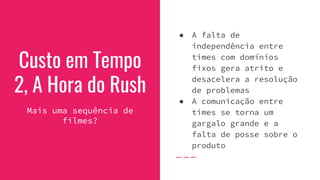 Custo em Tempo
2, A Hora do Rush
Mais uma sequência de
filmes?
● A falta de
independência entre
times com domínios
fixos gera atrito e
desacelera a resolução
de problemas
● A comunicação entre
times se torna um
gargalo grande e a
falta de posse sobre o
produto
 