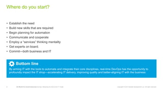 9 CA World’14—Invent tomorrow DevOps: Retooling the end-to-end IT model Copyright © 2014 Deloitte Development LLC. All rights reserved.
• Establish the need
• Build new skills that are required
• Begin planning for automation
• Communicate and cooperate
• Employ‫‏‬a‫“‏‬services”‫‏‬thinking‫‏‬mentality
• Get experts on board.
• Commit—both business and IT
Where do you start?
Bottom line
By arming IT with the tools to automate and integrate their core disciplines, real-time DevOps has the opportunity to
profoundly impact the IT shop—accelerating IT delivery, improving quality and better-aligning IT with the business
 