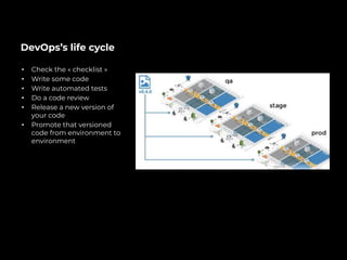 DevOps’s life cycle
• Check the « checklist »
• Write some code
• Write automated tests
• Do a code review
• Release a new version of
your code
• Promote that versioned
code from environment to
environment
 