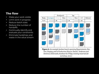 The ﬂow
• Make your work visible
• Limit work in progress
• Reduce batch sizes
• Reduce the number of
handoffs
• Continually identify and
evaluate your constraints
• Eliminate hardships and
waste in the value stream
 