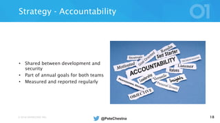 © 2016 VERACODE INC. 18
Strategy - Accountability
• Shared between development and
security
• Part of annual goals for both teams
• Measured and reported regularly
@PeteChestna
 
