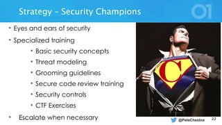 © 2016 VERACODE INC. 22
• Eyes and ears of security
• Specialized training
• Basic security concepts
• Threat modeling
• Grooming guidelines
• Secure code review training
• Security controls
• CTF Exercises
• Escalate when necessary
Strategy – Security Champions
@PeteChestna
 