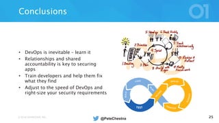 © 2016 VERACODE INC. 25
Conclusions
• DevOps is inevitable – learn it
• Relationships and shared
accountability is key to securing
apps
• Train developers and help them fix
what they find
• Adjust to the speed of DevOps and
right-size your security requirements
@PeteChestna
 