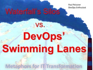 Waterfall’s Silos
vs.
DevOps’
Swimming Lanes
Paul Peissner
DevOps Enthusiast
Rethinking IT – IT Transformation
 