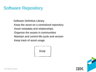 Software Repository
Software Definitive Library
Keep the asset on a centralized repository
Asset metadata and relationships
Organize the assets in communities
Maintain and control life-cycle and version
Keep track of asset usage
 