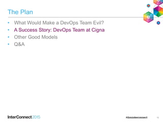 The Plan
• What Would Make a DevOps Team Evil?
• A Success Story: DevOps Team at Cigna
• Other Good Models
• Q&A
10
 