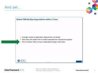 And yet…
3
Slide from Stephen Elliot at #DOES14:
http://youtu.be/9_ZuEhgTdLc?t=12m16s
 