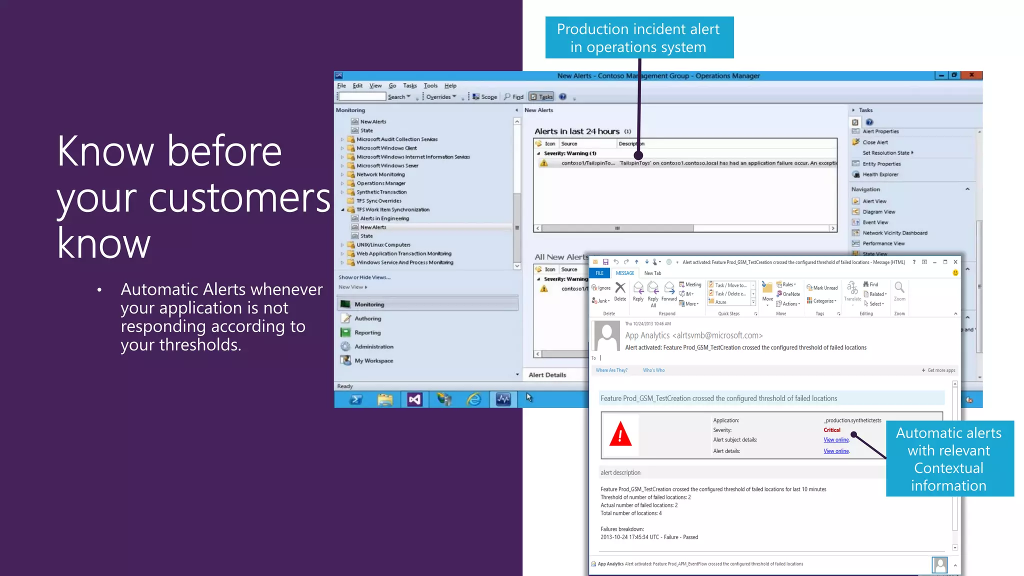 Production incident alert
in operations system

•

Automatic Alerts whenever
your application is not
responding according to
your thresholds.

Automatic alerts
with relevant
Contextual
information

 