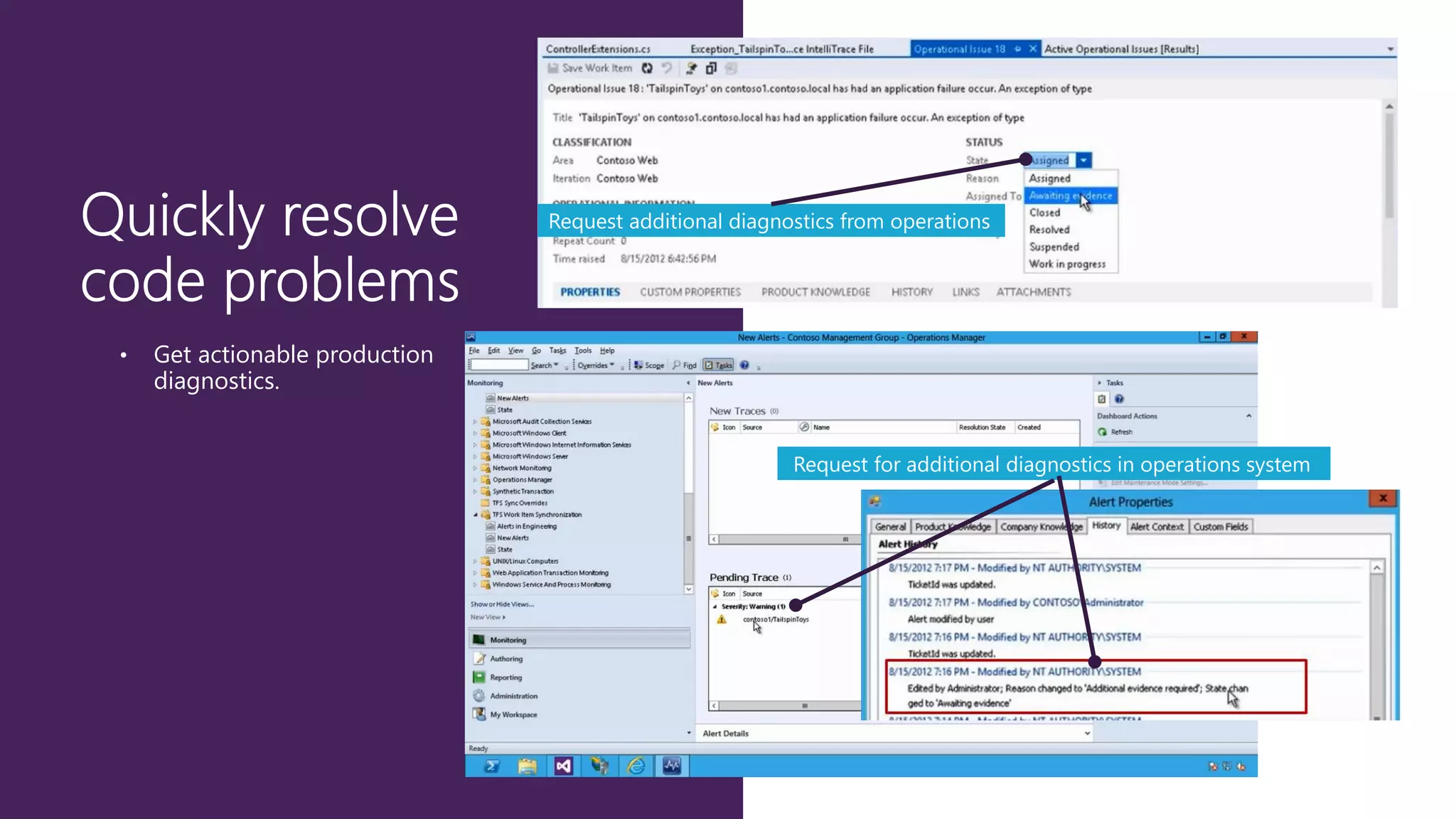 Request additional diagnostics from operations

•

Get actionable production
diagnostics.
Request for additional diagnostics in operations system

 