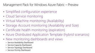 •
•
•
•
•
•
•

Simplified configuration experience
Cloud Service monitoring
Virtual Machine monitoring (Availability)
Storage Account monitoring (Availability and Size)
Certificate health monitoring (expiration)
Azure Distributed Application Template (hybrid scenarios)
New monitoring dashboards and views

 