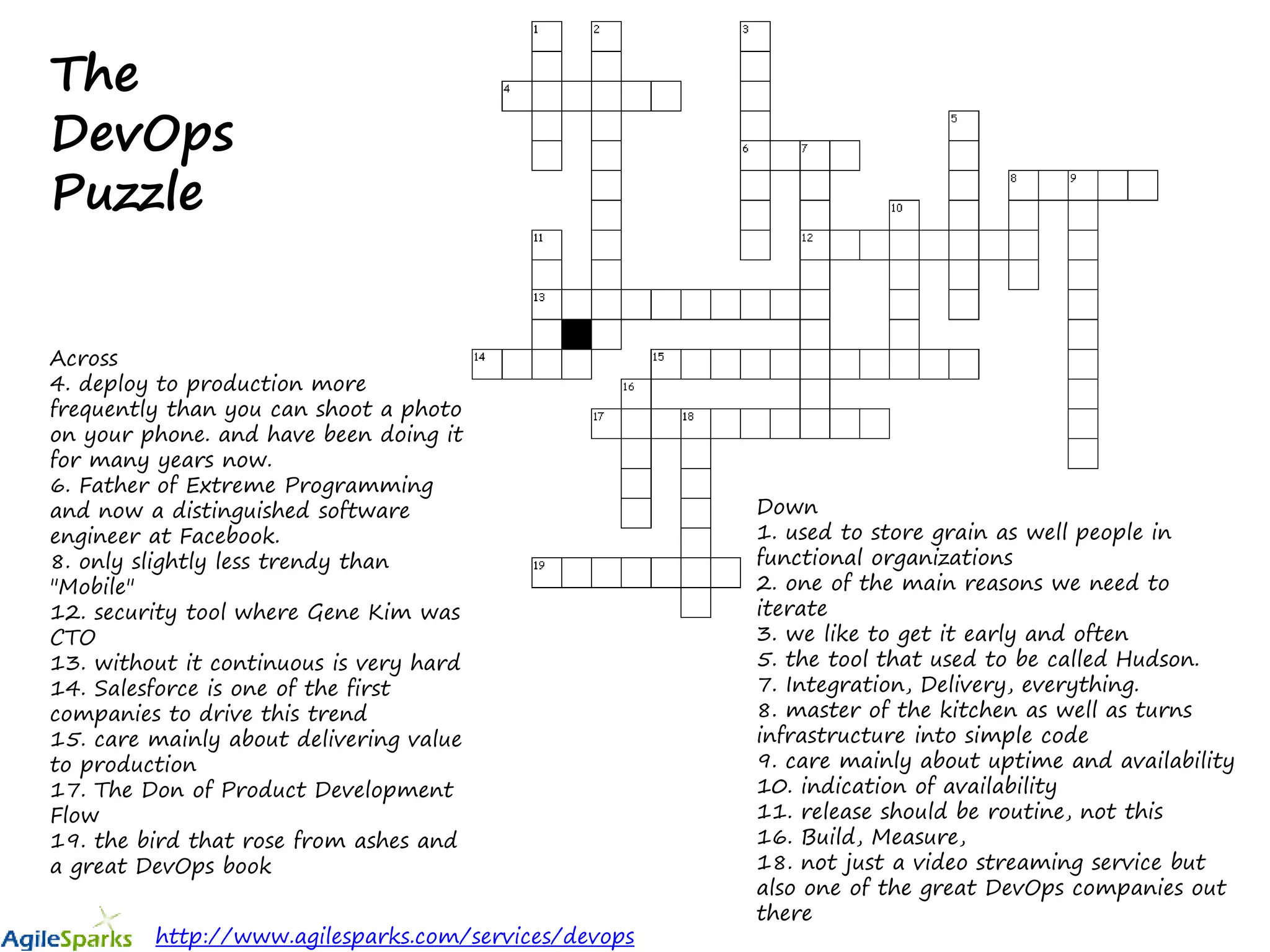 Across
4. deploy to production more
frequently than you can shoot a photo
on your phone. and have been doing it
for many years now.
6. Father of Extreme Programming
and now a distinguished software
engineer at Facebook.
8. only slightly less trendy than
"Mobile"
12. security tool where Gene Kim was
CTO
13. without it continuous is very hard
14. Salesforce is one of the first
companies to drive this trend
15. care mainly about delivering value
to production
17. The Don of Product Development
Flow
19. the bird that rose from ashes and
a great DevOps book
Down
1. used to store grain as well people in
functional organizations
2. one of the main reasons we need to
iterate
3. we like to get it early and often
5. the tool that used to be called Hudson.
7. Integration, Delivery, everything.
8. master of the kitchen as well as turns
infrastructure into simple code
9. care mainly about uptime and availability
10. indication of availability
11. release should be routine, not this
16. Build, Measure,
18. not just a video streaming service but
also one of the great DevOps companies out
there
The
DevOps
Puzzle
http://www.agilesparks.com/services/devops
 