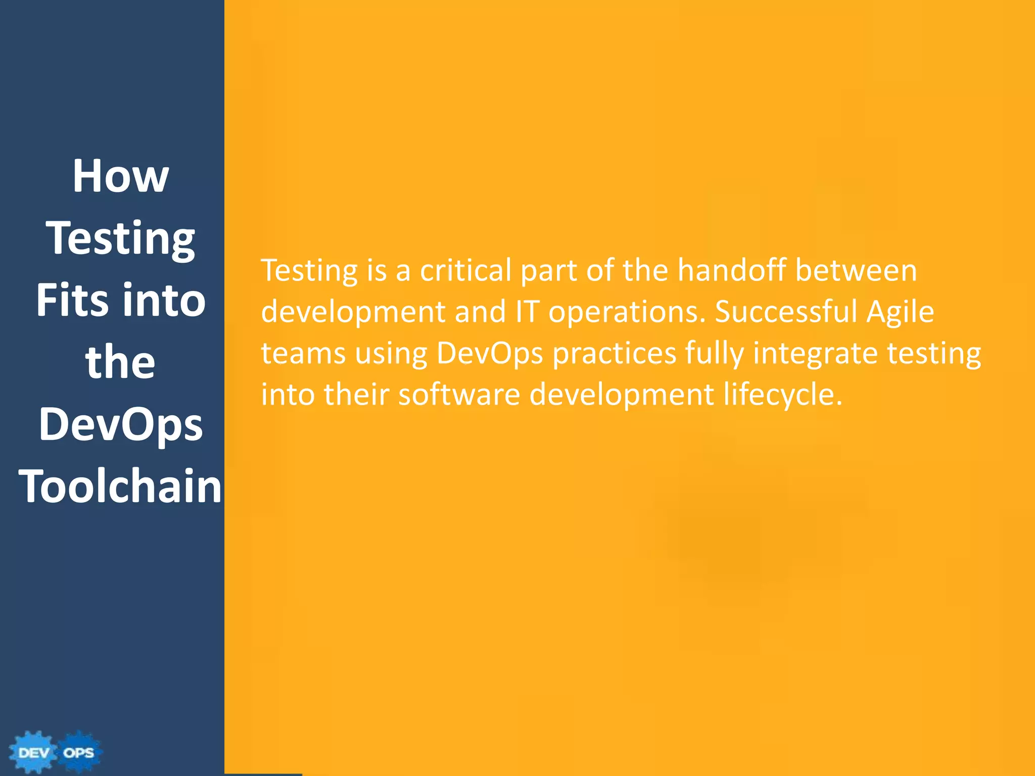 Testing is a critical part of the handoff between
development and IT operations. Successful Agile
teams using DevOps practices fully integrate testing
into their software development lifecycle.
How
Testing
Fits into
the
DevOps
Toolchain
 